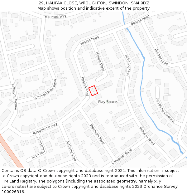 29, HALIFAX CLOSE, WROUGHTON, SWINDON, SN4 9DZ: Location map and indicative extent of plot
