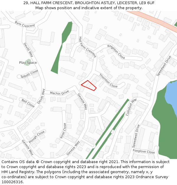 29, HALL FARM CRESCENT, BROUGHTON ASTLEY, LEICESTER, LE9 6UF: Location map and indicative extent of plot