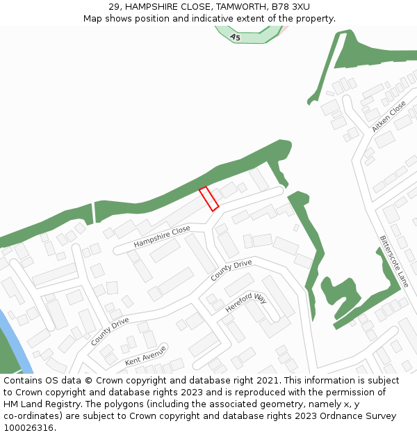 29, HAMPSHIRE CLOSE, TAMWORTH, B78 3XU: Location map and indicative extent of plot