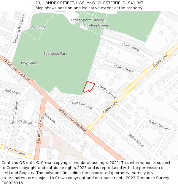 29, HANDBY STREET, HASLAND, CHESTERFIELD, S41 0AT: Location map and indicative extent of plot