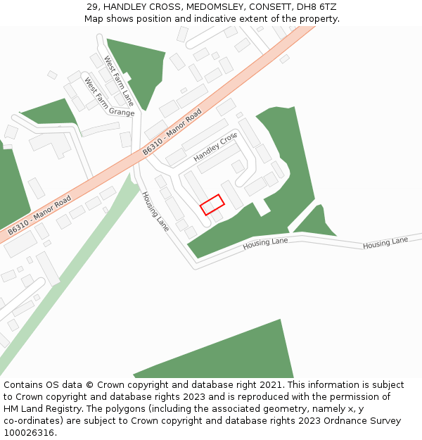 29, HANDLEY CROSS, MEDOMSLEY, CONSETT, DH8 6TZ: Location map and indicative extent of plot