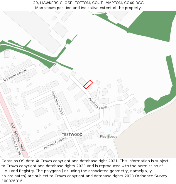 29, HAWKERS CLOSE, TOTTON, SOUTHAMPTON, SO40 3GG: Location map and indicative extent of plot