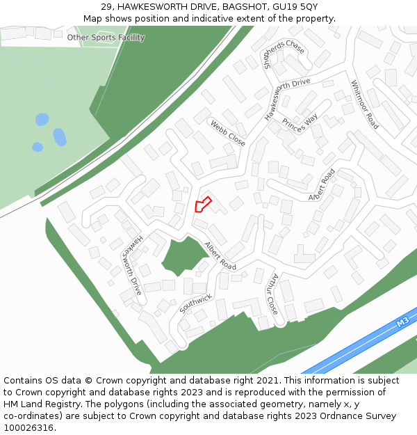 29, HAWKESWORTH DRIVE, BAGSHOT, GU19 5QY: Location map and indicative extent of plot