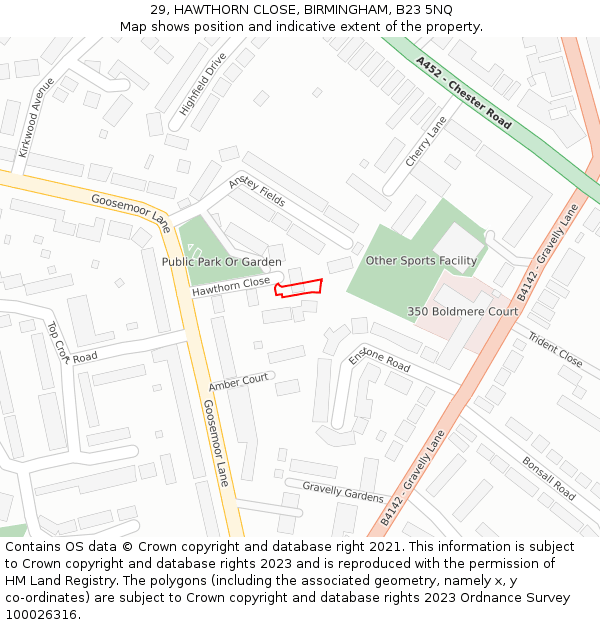 29, HAWTHORN CLOSE, BIRMINGHAM, B23 5NQ: Location map and indicative extent of plot