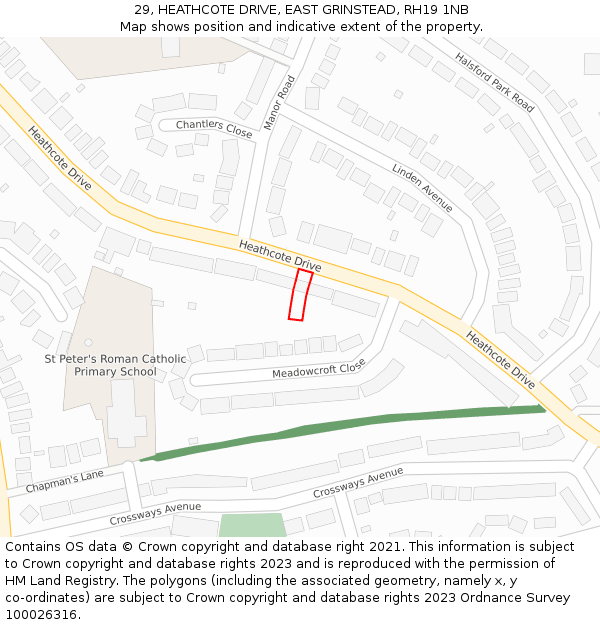 29, HEATHCOTE DRIVE, EAST GRINSTEAD, RH19 1NB: Location map and indicative extent of plot