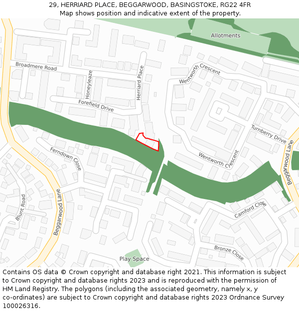 29, HERRIARD PLACE, BEGGARWOOD, BASINGSTOKE, RG22 4FR: Location map and indicative extent of plot