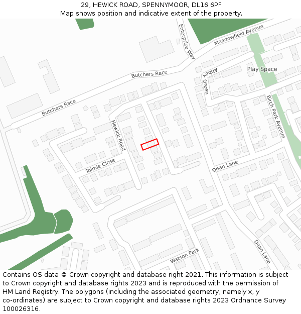 29, HEWICK ROAD, SPENNYMOOR, DL16 6PF: Location map and indicative extent of plot