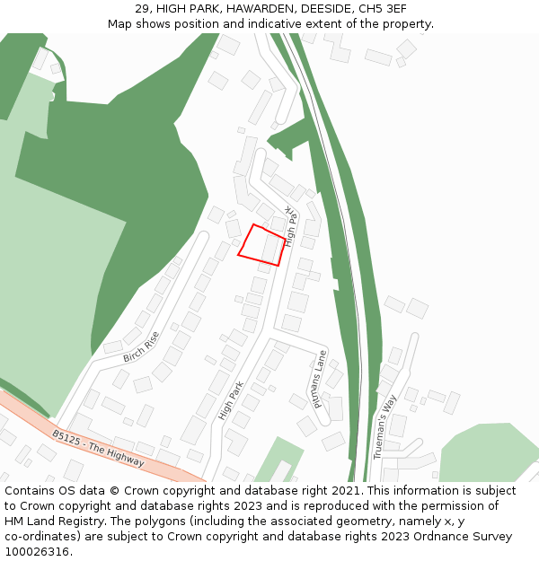 29, HIGH PARK, HAWARDEN, DEESIDE, CH5 3EF: Location map and indicative extent of plot