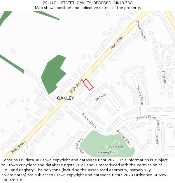 29, HIGH STREET, OAKLEY, BEDFORD, MK43 7RG: Location map and indicative extent of plot