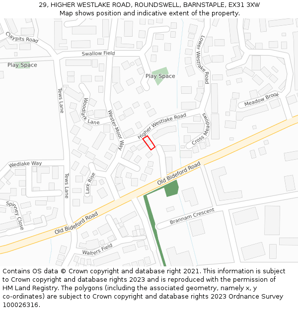 29, HIGHER WESTLAKE ROAD, ROUNDSWELL, BARNSTAPLE, EX31 3XW: Location map and indicative extent of plot