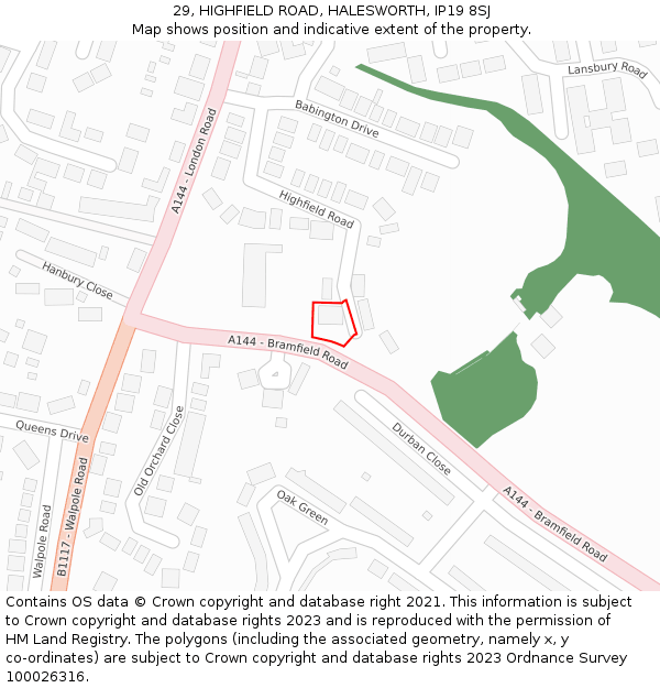 29, HIGHFIELD ROAD, HALESWORTH, IP19 8SJ: Location map and indicative extent of plot