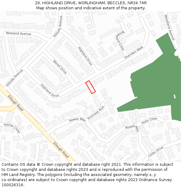 29, HIGHLAND DRIVE, WORLINGHAM, BECCLES, NR34 7AR: Location map and indicative extent of plot