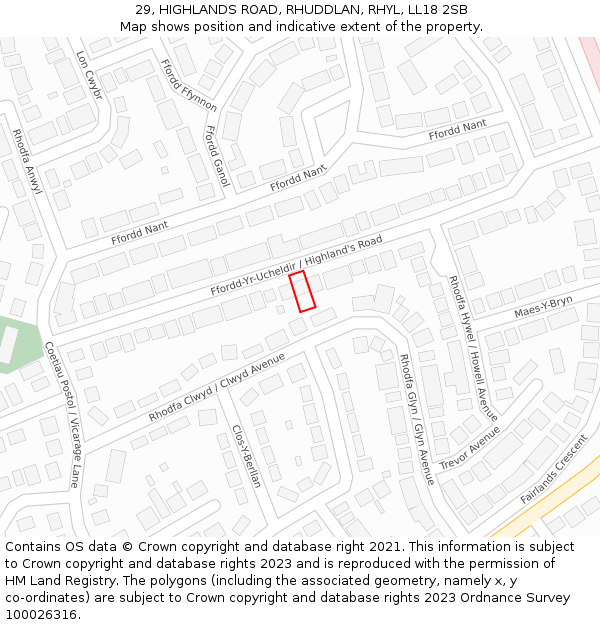 29, HIGHLANDS ROAD, RHUDDLAN, RHYL, LL18 2SB: Location map and indicative extent of plot