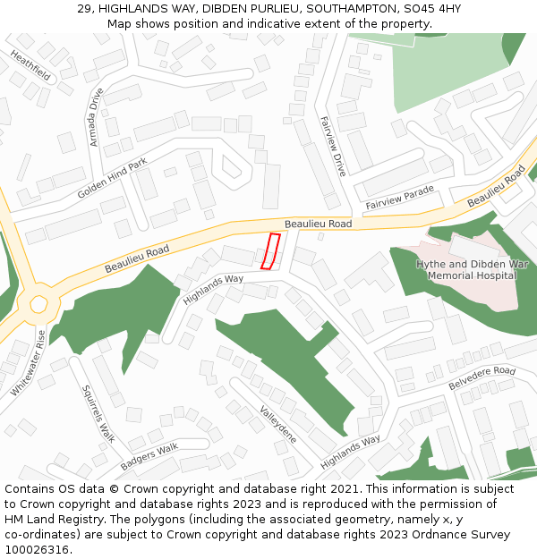 29, HIGHLANDS WAY, DIBDEN PURLIEU, SOUTHAMPTON, SO45 4HY: Location map and indicative extent of plot
