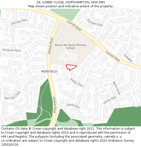 29, HOBBY CLOSE, NORTHAMPTON, NN4 0RN: Location map and indicative extent of plot