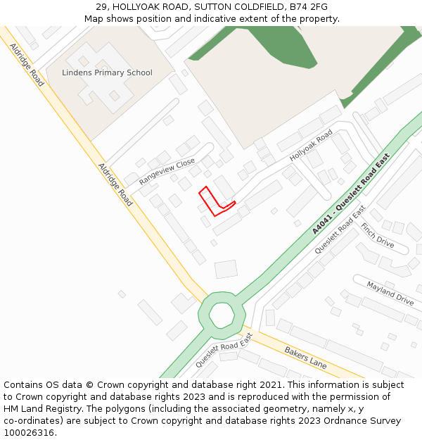 29, HOLLYOAK ROAD, SUTTON COLDFIELD, B74 2FG: Location map and indicative extent of plot