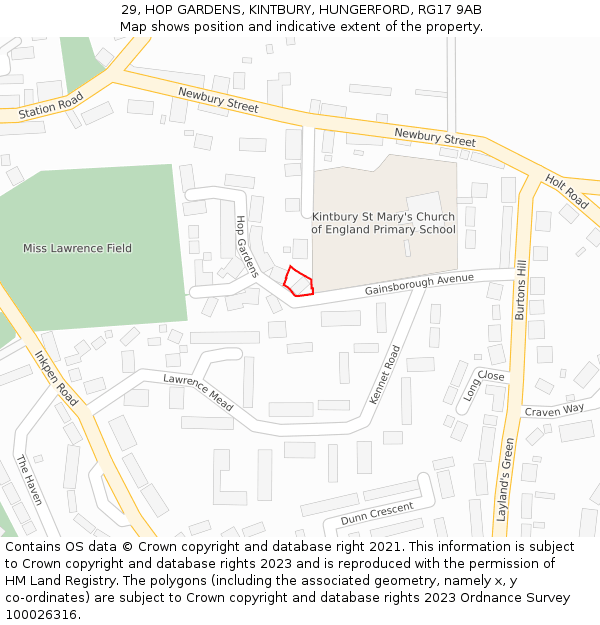 29, HOP GARDENS, KINTBURY, HUNGERFORD, RG17 9AB: Location map and indicative extent of plot