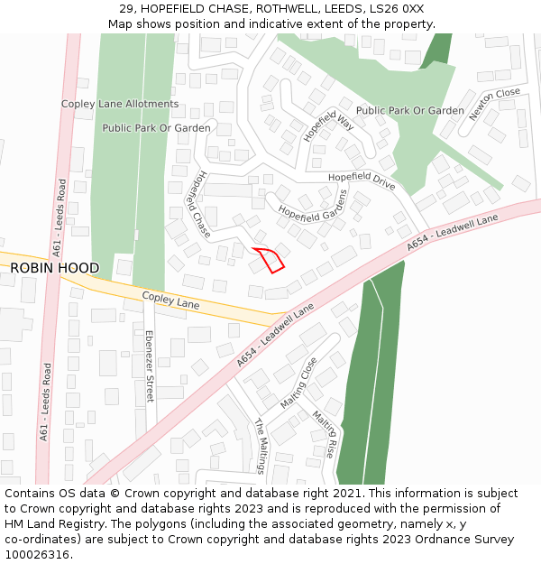 29, HOPEFIELD CHASE, ROTHWELL, LEEDS, LS26 0XX: Location map and indicative extent of plot