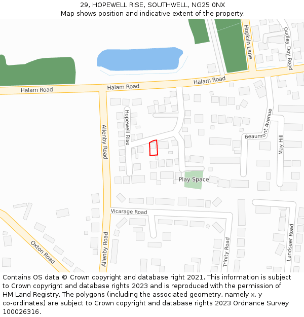 29, HOPEWELL RISE, SOUTHWELL, NG25 0NX: Location map and indicative extent of plot