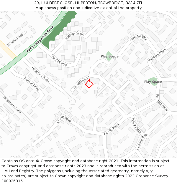 29, HULBERT CLOSE, HILPERTON, TROWBRIDGE, BA14 7FL: Location map and indicative extent of plot
