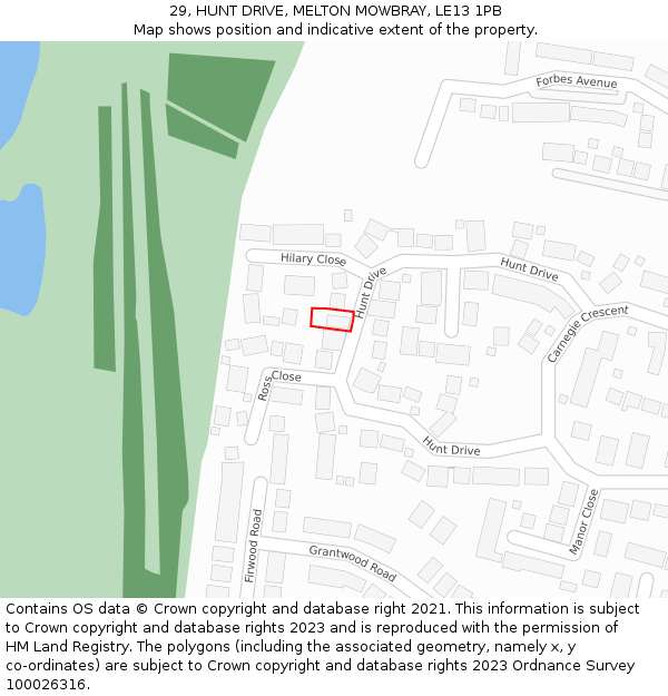 29, HUNT DRIVE, MELTON MOWBRAY, LE13 1PB: Location map and indicative extent of plot