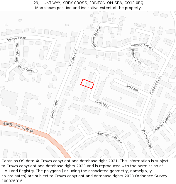 29, HUNT WAY, KIRBY CROSS, FRINTON-ON-SEA, CO13 0RQ: Location map and indicative extent of plot