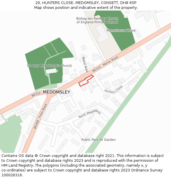 29, HUNTERS CLOSE, MEDOMSLEY, CONSETT, DH8 6SP: Location map and indicative extent of plot