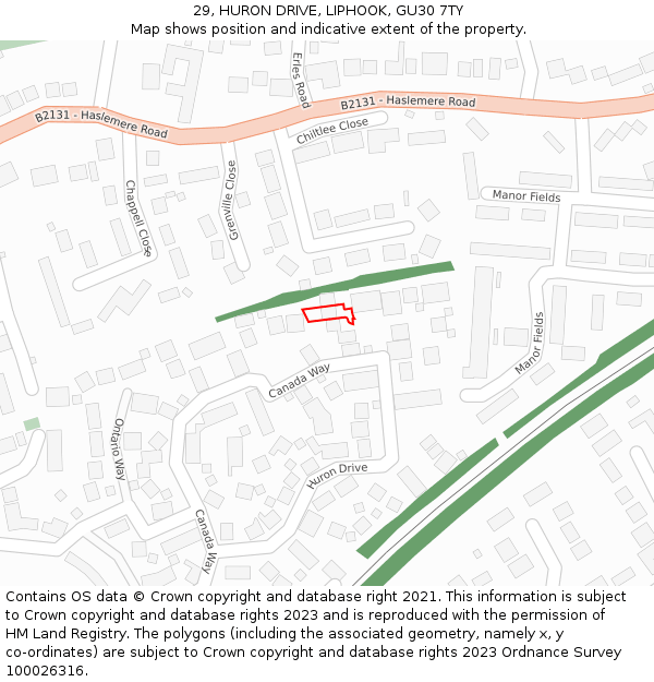 29, HURON DRIVE, LIPHOOK, GU30 7TY: Location map and indicative extent of plot