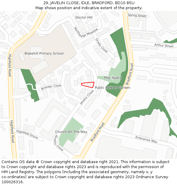 29, JAVELIN CLOSE, IDLE, BRADFORD, BD10 8SU: Location map and indicative extent of plot