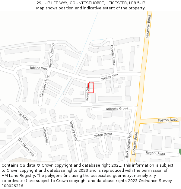 29, JUBILEE WAY, COUNTESTHORPE, LEICESTER, LE8 5UB: Location map and indicative extent of plot