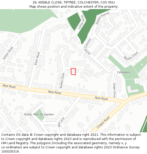 29, KEEBLE CLOSE, TIPTREE, COLCHESTER, CO5 0NU: Location map and indicative extent of plot