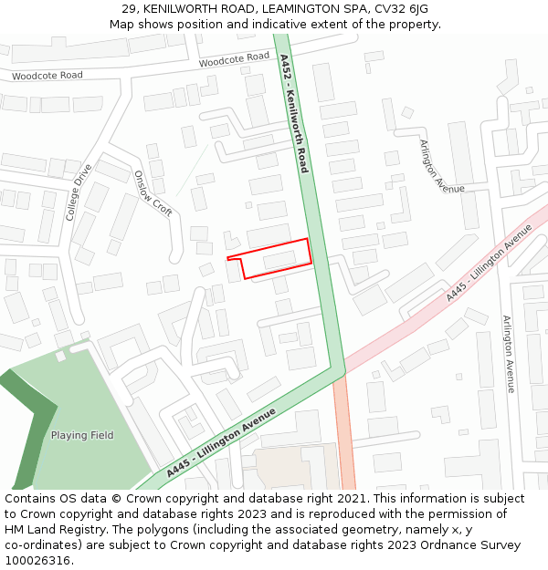 29, KENILWORTH ROAD, LEAMINGTON SPA, CV32 6JG: Location map and indicative extent of plot