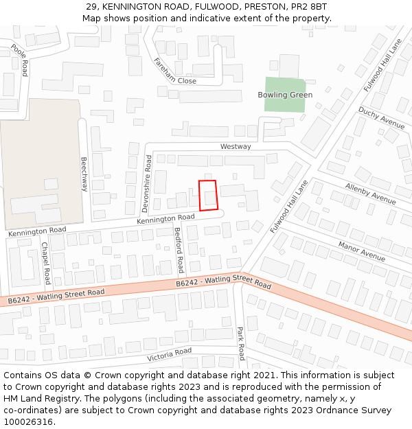 29, KENNINGTON ROAD, FULWOOD, PRESTON, PR2 8BT: Location map and indicative extent of plot