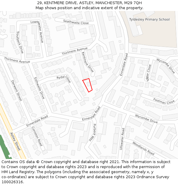 29, KENTMERE DRIVE, ASTLEY, MANCHESTER, M29 7QH: Location map and indicative extent of plot