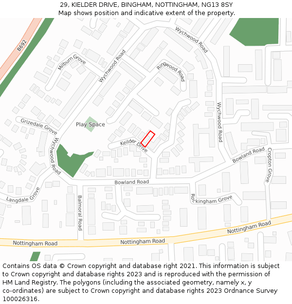 29, KIELDER DRIVE, BINGHAM, NOTTINGHAM, NG13 8SY: Location map and indicative extent of plot