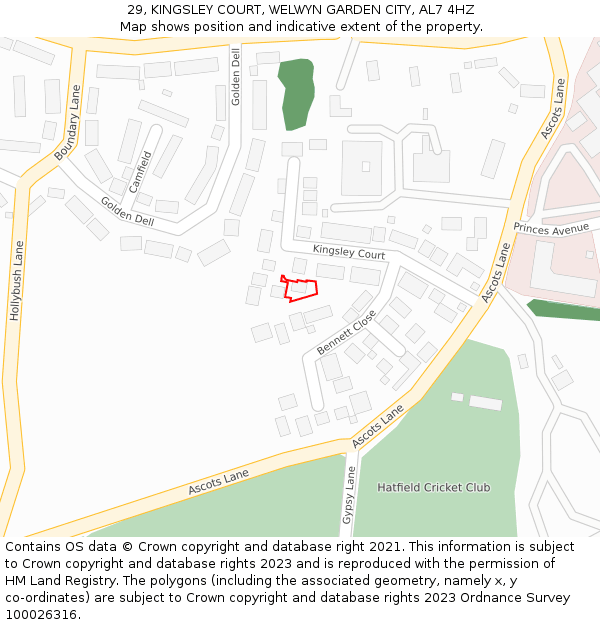 29, KINGSLEY COURT, WELWYN GARDEN CITY, AL7 4HZ: Location map and indicative extent of plot