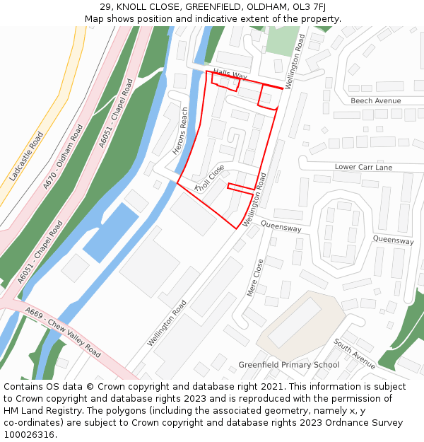 29, KNOLL CLOSE, GREENFIELD, OLDHAM, OL3 7FJ: Location map and indicative extent of plot