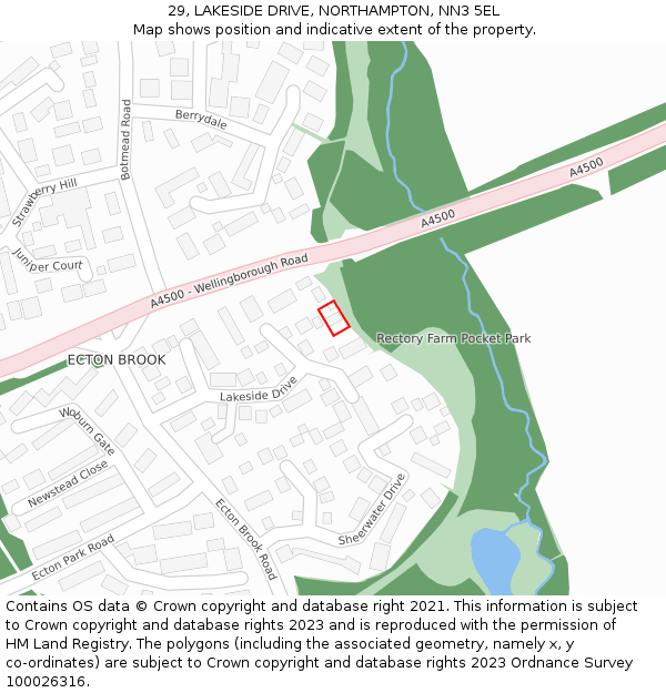 29, LAKESIDE DRIVE, NORTHAMPTON, NN3 5EL: Location map and indicative extent of plot