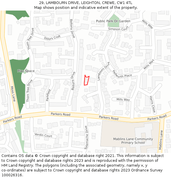 29, LAMBOURN DRIVE, LEIGHTON, CREWE, CW1 4TL: Location map and indicative extent of plot