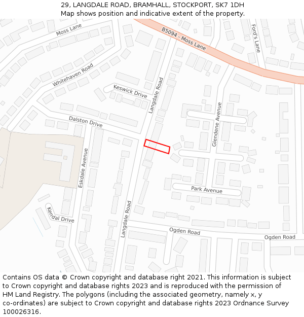 29, LANGDALE ROAD, BRAMHALL, STOCKPORT, SK7 1DH: Location map and indicative extent of plot