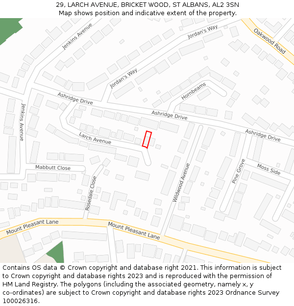 29, LARCH AVENUE, BRICKET WOOD, ST ALBANS, AL2 3SN: Location map and indicative extent of plot