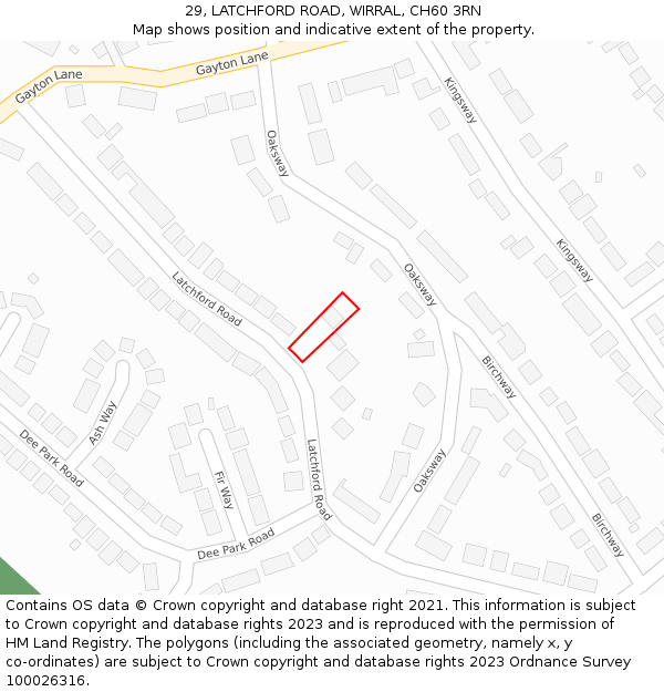 29, LATCHFORD ROAD, WIRRAL, CH60 3RN: Location map and indicative extent of plot