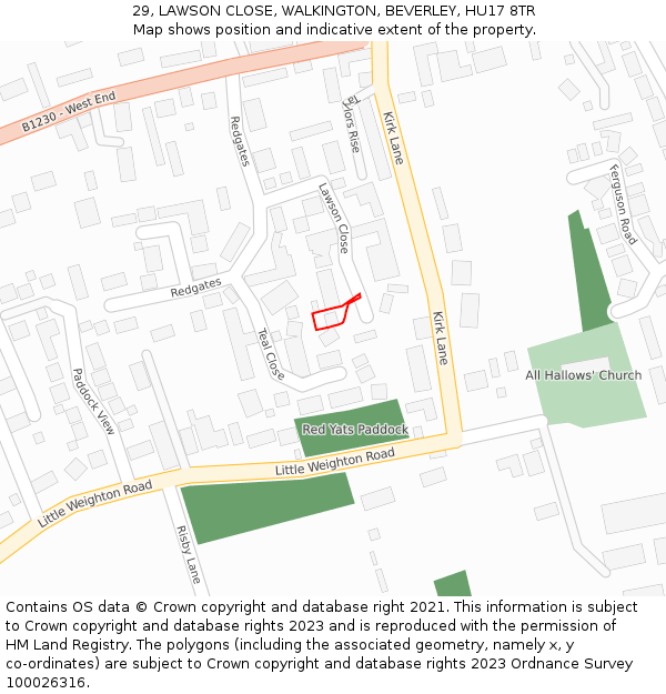 29, LAWSON CLOSE, WALKINGTON, BEVERLEY, HU17 8TR: Location map and indicative extent of plot