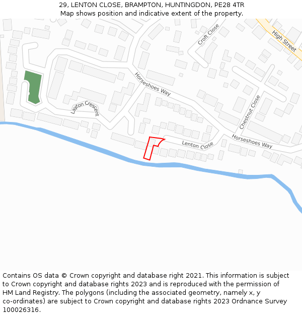 29, LENTON CLOSE, BRAMPTON, HUNTINGDON, PE28 4TR: Location map and indicative extent of plot