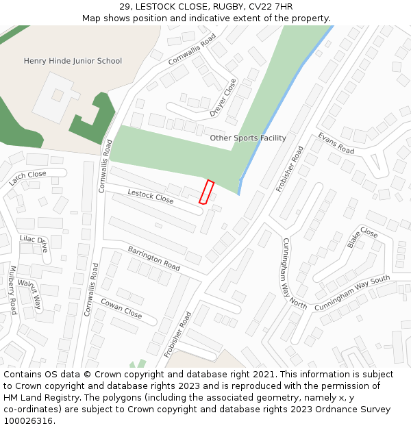 29, LESTOCK CLOSE, RUGBY, CV22 7HR: Location map and indicative extent of plot