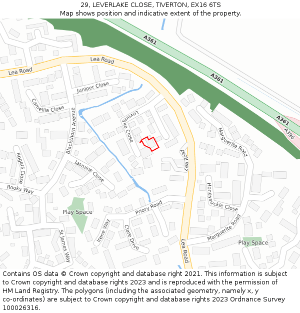 29, LEVERLAKE CLOSE, TIVERTON, EX16 6TS: Location map and indicative extent of plot