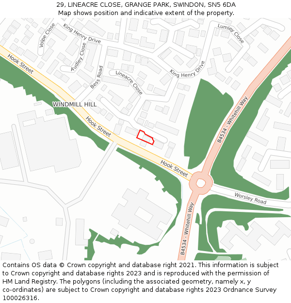 29, LINEACRE CLOSE, GRANGE PARK, SWINDON, SN5 6DA: Location map and indicative extent of plot