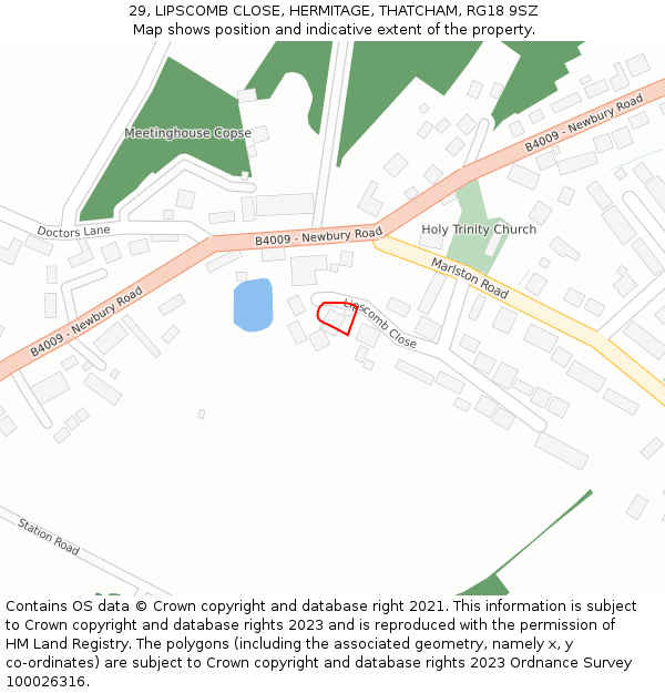 29, LIPSCOMB CLOSE, HERMITAGE, THATCHAM, RG18 9SZ: Location map and indicative extent of plot