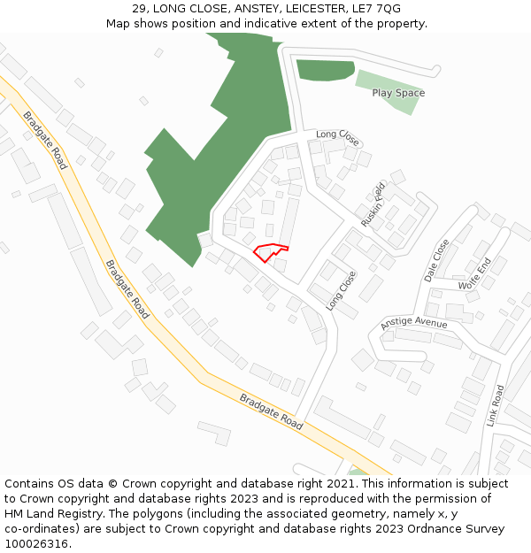 29, LONG CLOSE, ANSTEY, LEICESTER, LE7 7QG: Location map and indicative extent of plot