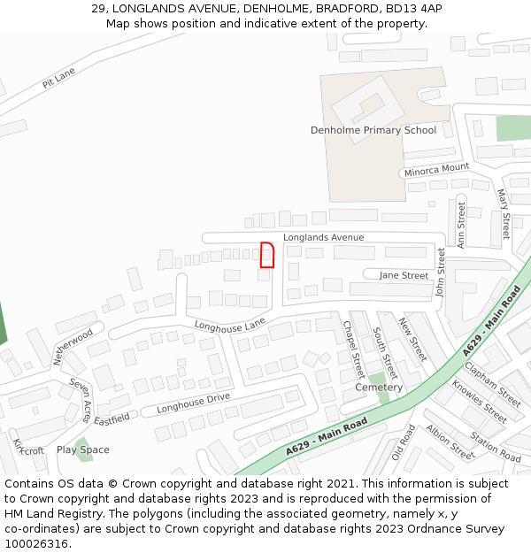 29, LONGLANDS AVENUE, DENHOLME, BRADFORD, BD13 4AP: Location map and indicative extent of plot